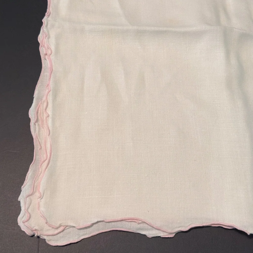 Vintage Linen Tablecloth White Pink Scalloped Edge 48x64 Cottagecore Farmhouse